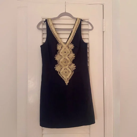 lilly pulitzer navy blue and gold dress Lilly Pulitzer Womens 4 Dress Navy Blue Jane Shift Gold Embroidered Sleeveless